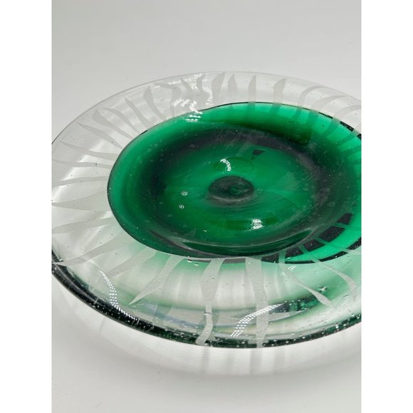 Green Art Glass Decorative Plate Dish Hand Made & Etched Clear Green Swirled - Picture 3 of 10